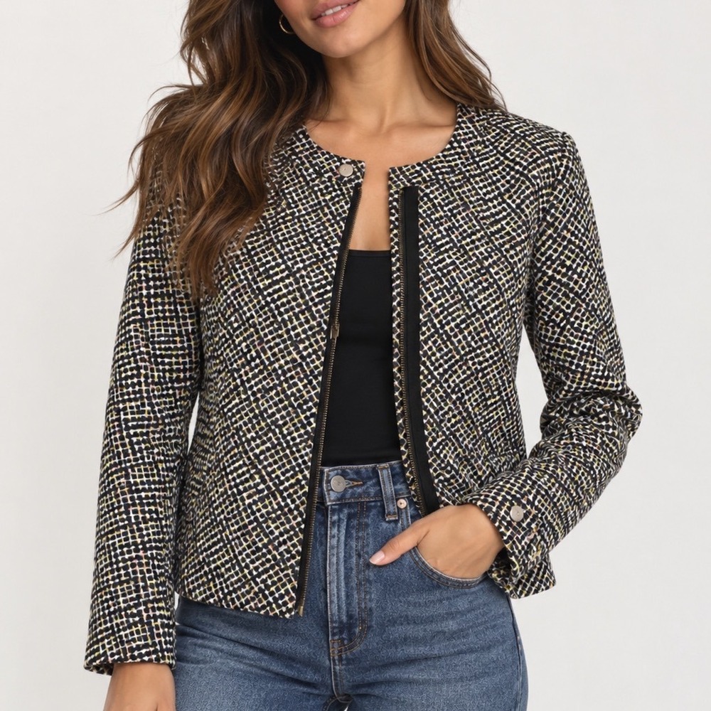 Cabi Sunday Cardigan Jacket Size M Pixel Grid Print Zip Front Blazer 5099